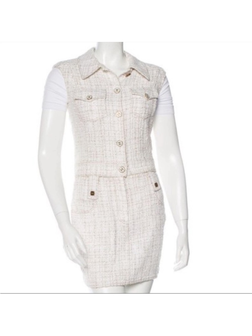 CHANEL Cream Tweed Mini Skirt and Vest Set